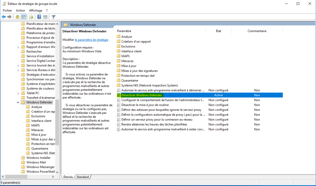 éditeur de stratégie de groupe locale pour Désactiver Windows defender éditeur de stratégie de groupe locale pour Désactiver Windows defender