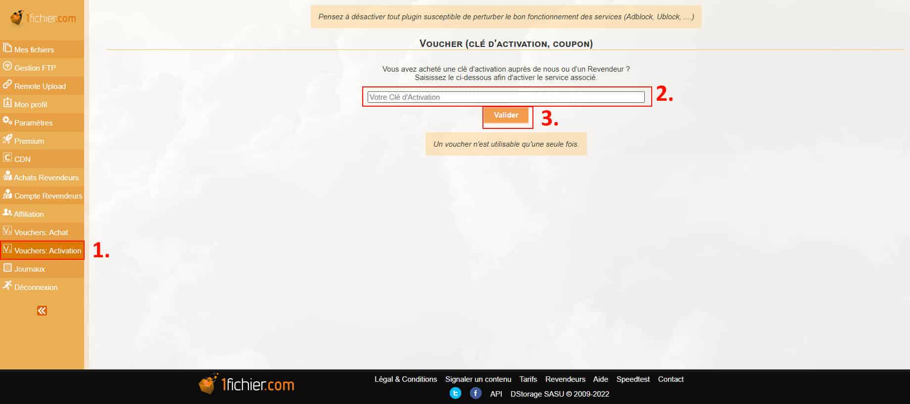 activer clé voucher sur le site de 1fichier.com activer clé voucher sur le site de 1fichier.com