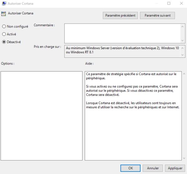 2 - désactiver l'assistant Cortana sur Windows 10 désactiver l'assistant Cortana