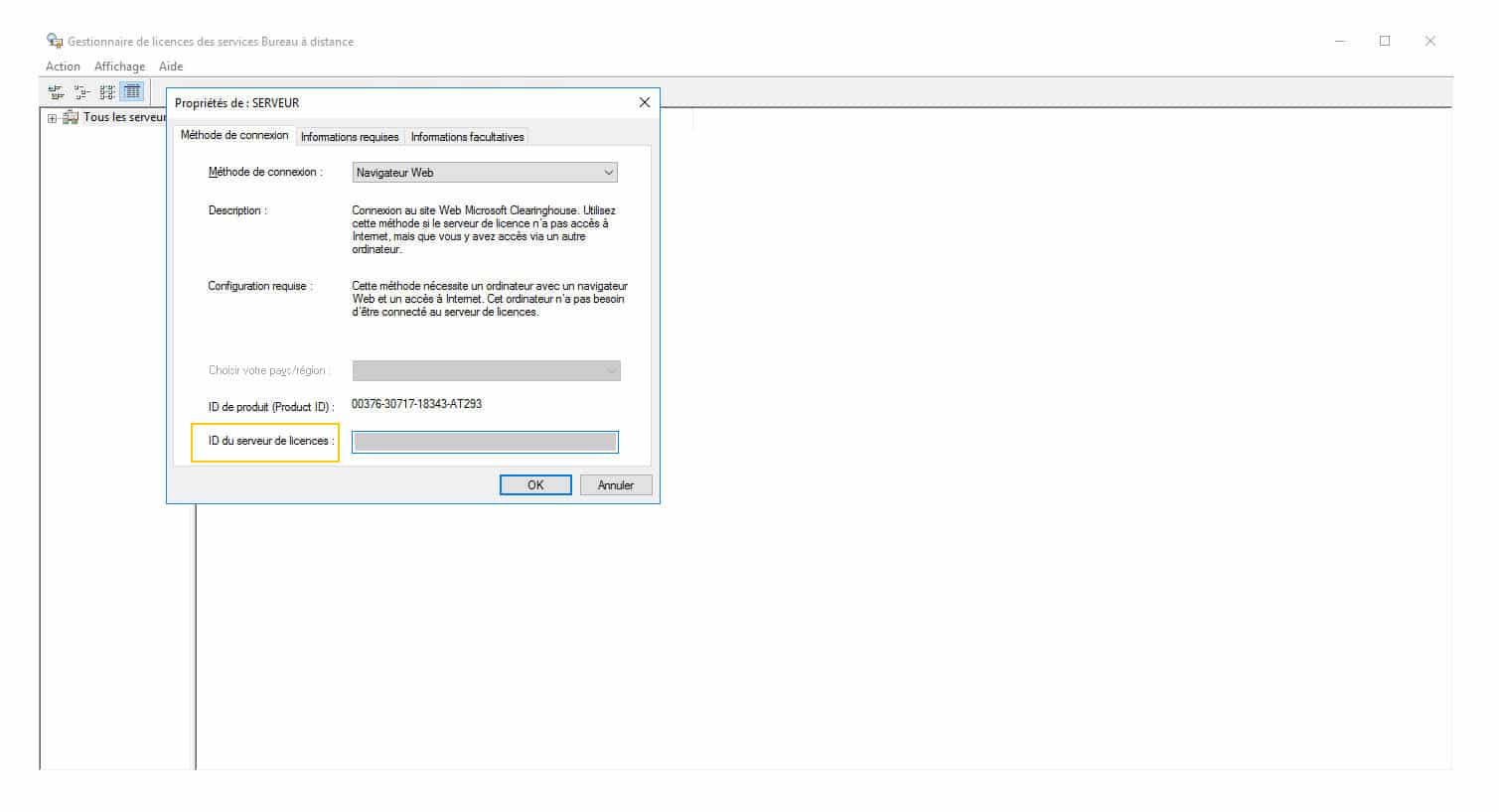 ID de propriété server gestionnaire de licences des services Bureau à distance Comment trouver l'ID de Windows server CAL RDS TSE