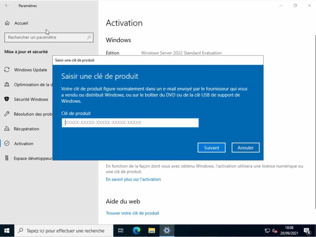 activation de Windows Server 2022 standard activation de Windows Server 2022 standard