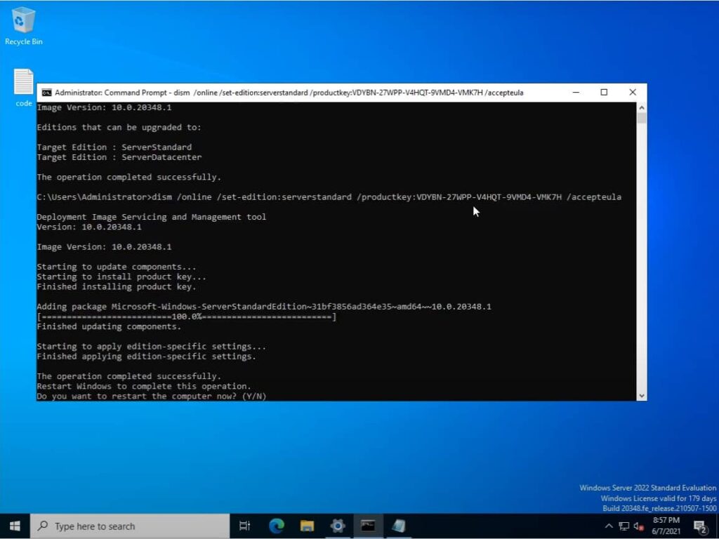 éval vers commerciale Windows server 2022