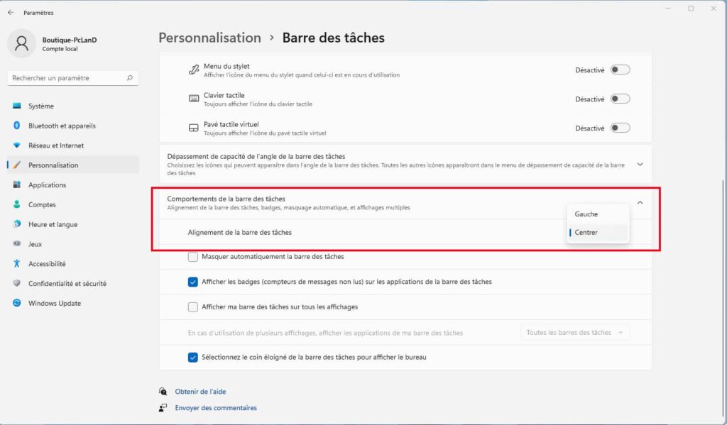 Comportements de la barre des taches centrer ou gauche