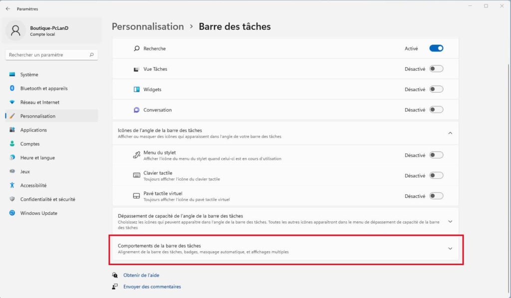 Comportemnts de la barre des taches du menu démarrer Windows 11