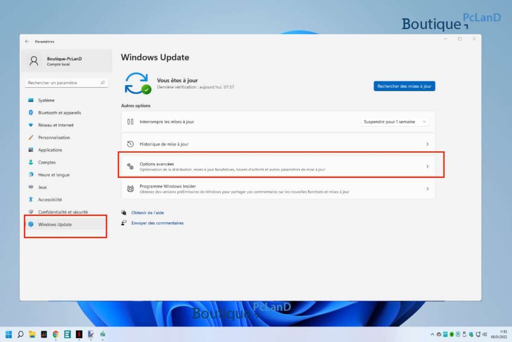 Windows Update - Option avancée - mises à jour facultatives Windows 11