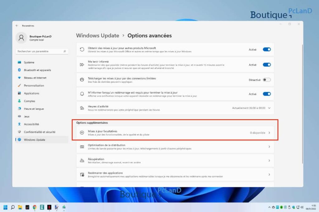Windows Update - Option avancées - Options supplémentaires - mises à jour facultatives Windows 11 Windows Update - Option avancées - Options supplémentaires - mises à jour facultatives Windows 11