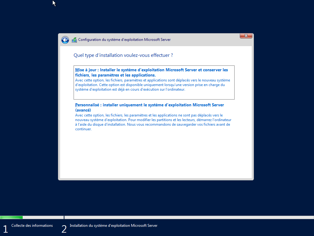 03 - Quel type d'installation de Microsoft Windows server 20222 voulez-vous effectuer Quel type d'installation de Microsoft Windows server 20222 voulez-vous effectuer ?