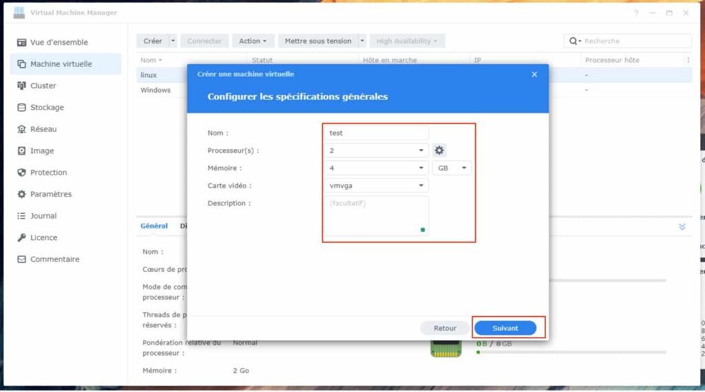03 - virtual machine manager Configurer les spécifications générales de la Machine virtuelle microsoft windows su nas Synology
