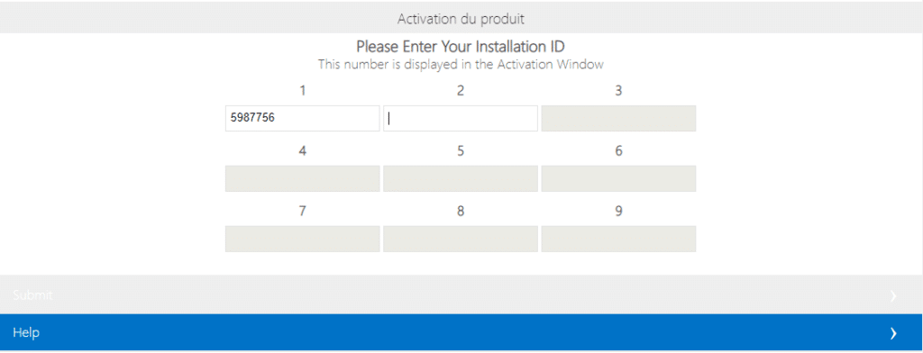Activation-Office 9 séries de 7 chiffres de votre ID d’installation