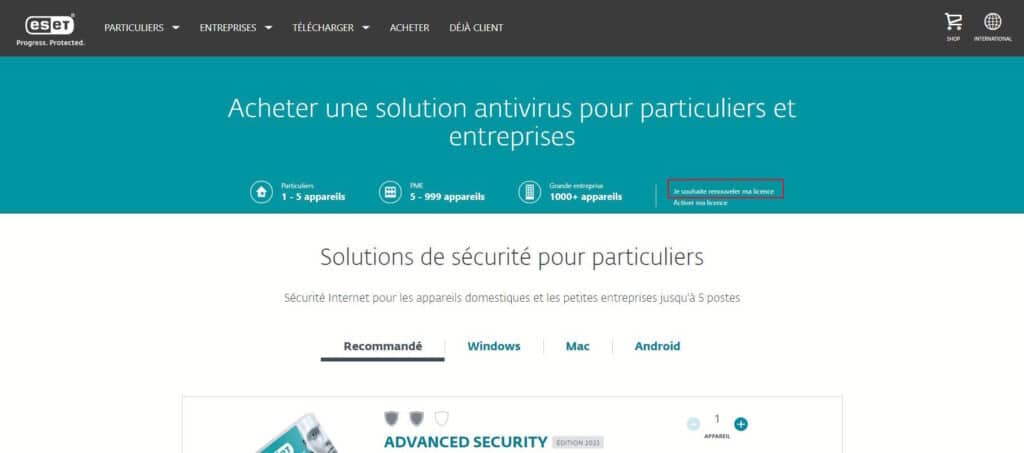 Renouveler ma clé de produit ESET sur la Boutique ESET Je souhaite renouveler ma licence ESET, comment faire ?
