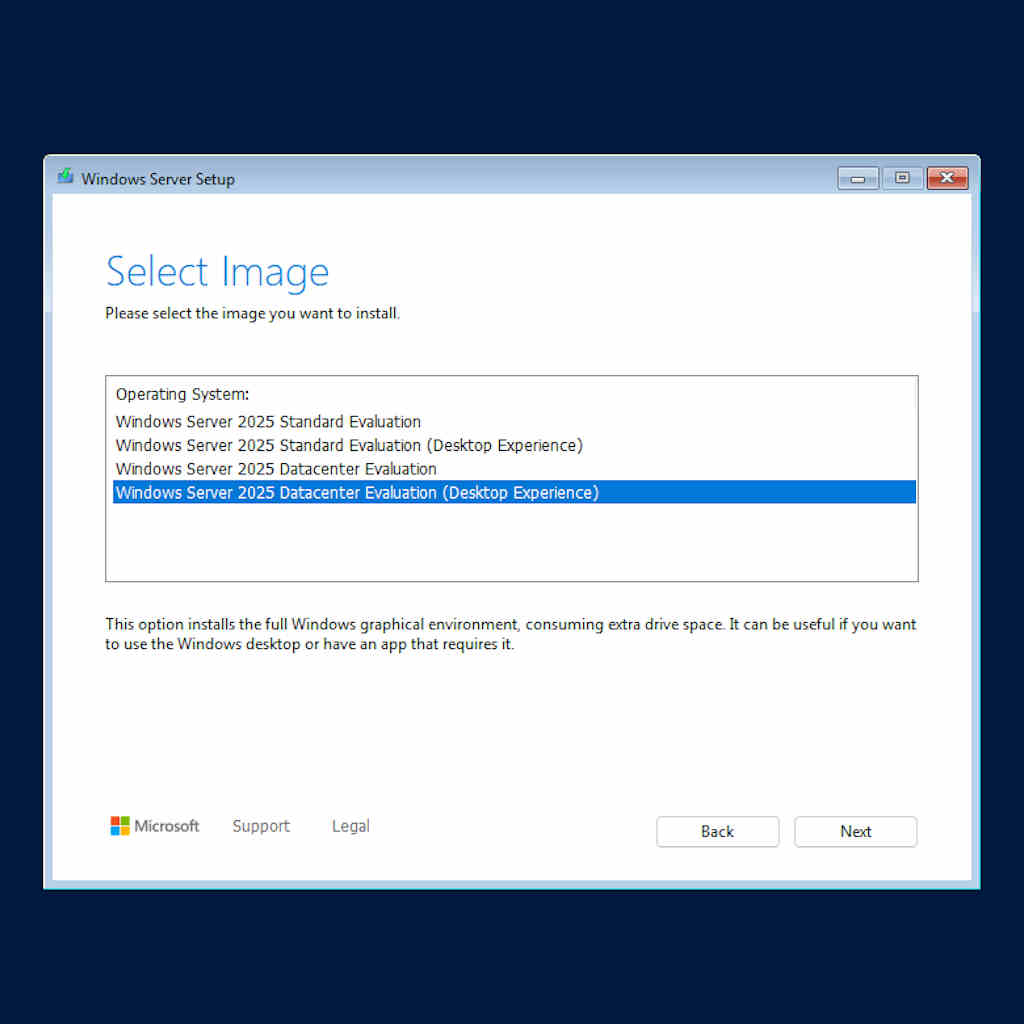 installation de Windows Server 2025 standard
