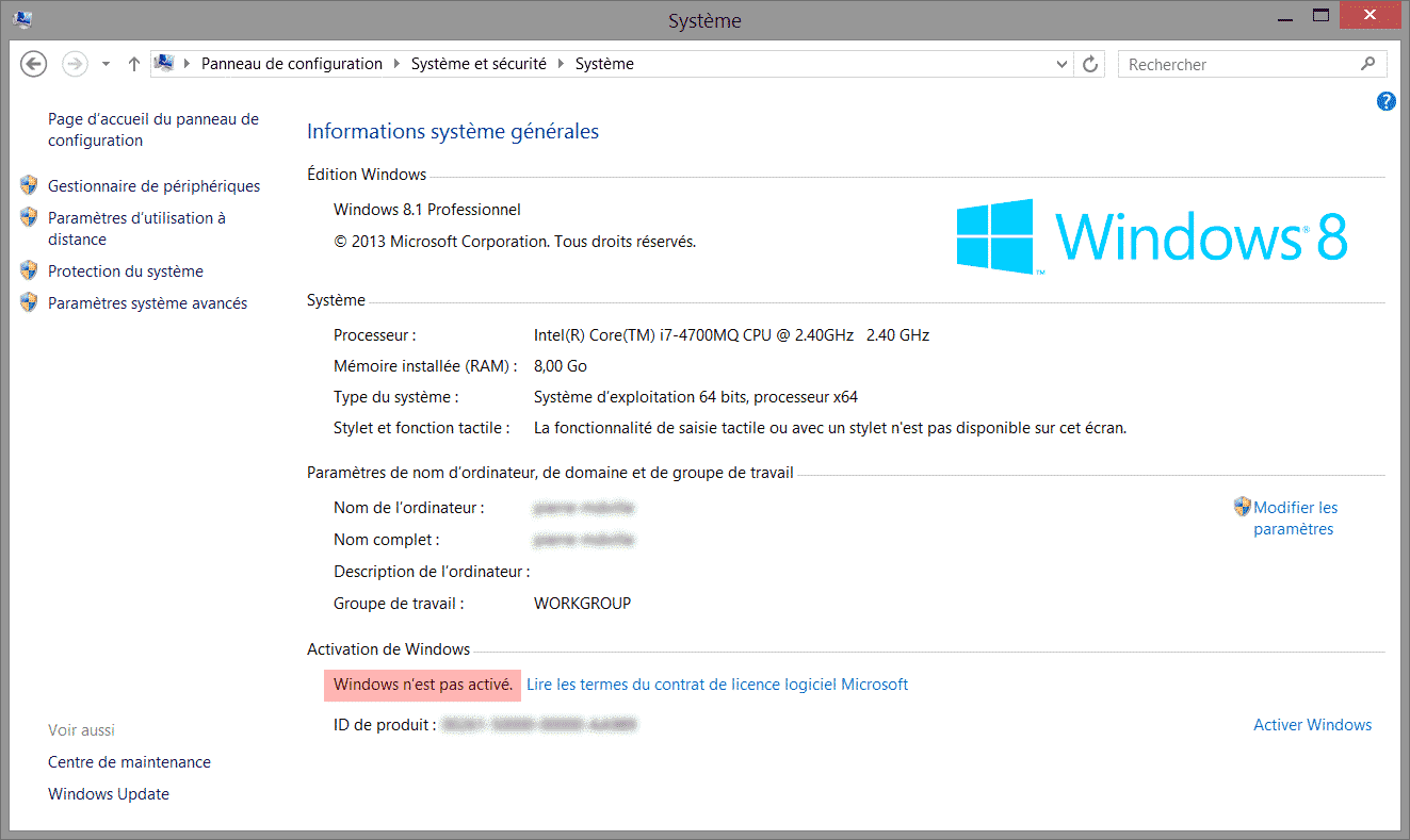 Activation de Windows 8
